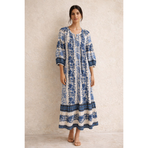 Tuckernuck Dresses & Skirts - Tuckernuck Blue White Floral Midi Dress Small Boho Peasant NWT Linen Blend